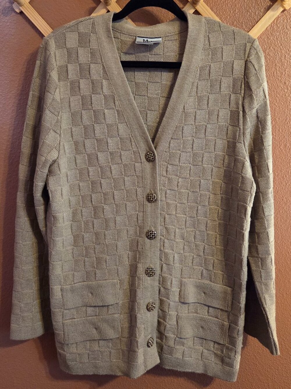 Vintage Mita Textured Knit Cardigan Taupe Beige Button Front Patch Pockets